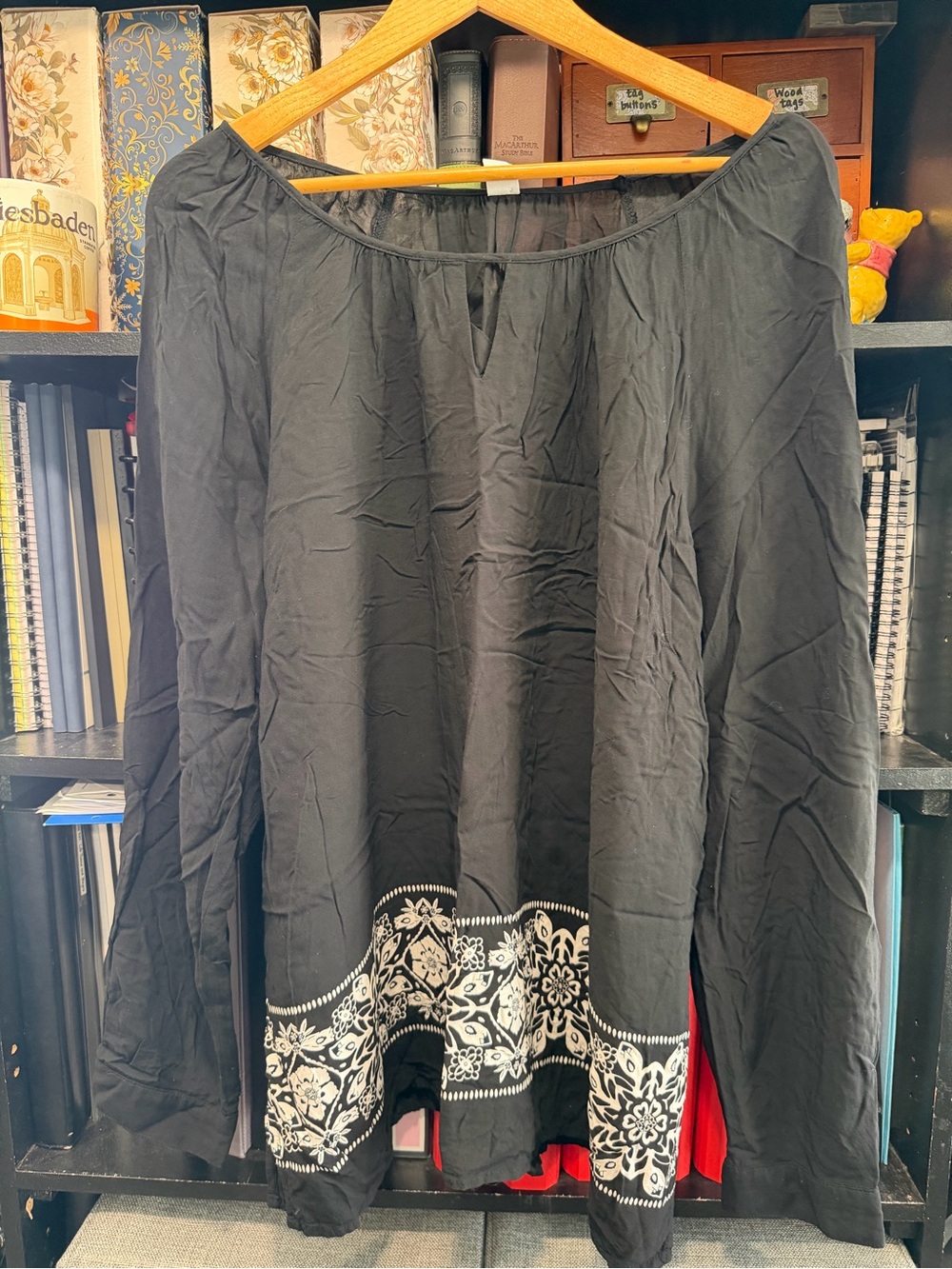 Old Navy Black Peasant Tunic with White Embroidered Border